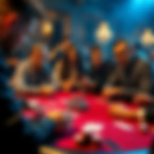 A lively poker table with players engaged in a game, showcasing cards and chips with expressions of excitement and focus.