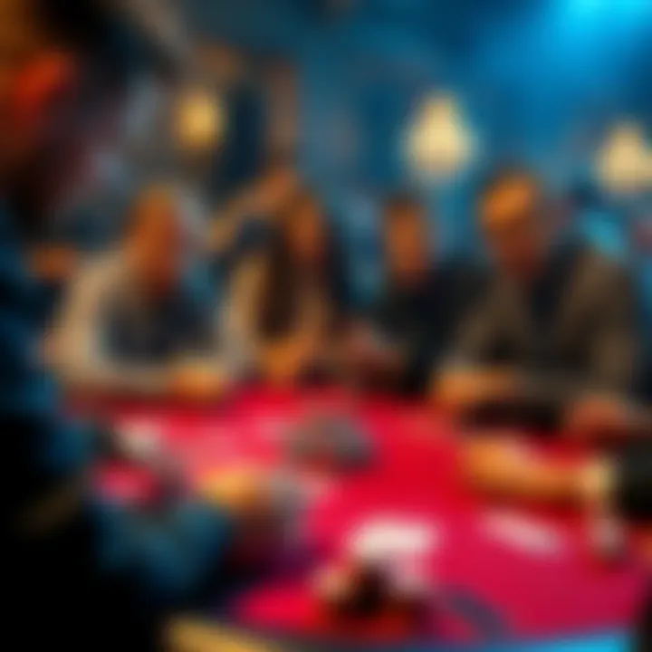 A lively poker table with players engaged in a game, showcasing cards and chips with expressions of excitement and focus.