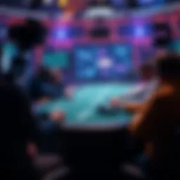 Poker table with players A poker table with players focused on their cards, surrounded by cameras documenting the game