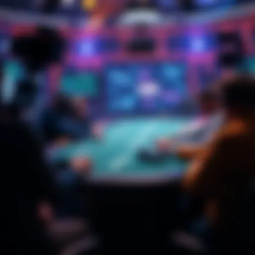 Poker table with players A poker table with players focused on their cards, surrounded by cameras documenting the game
