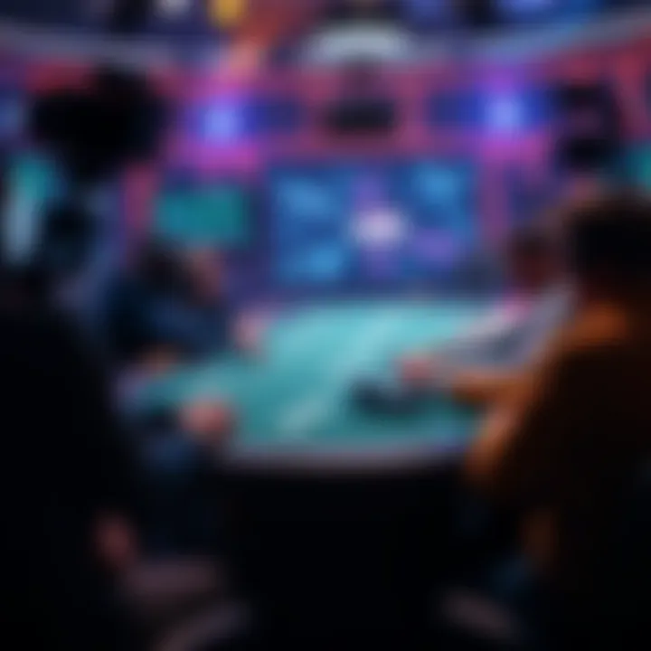 Poker table with players A poker table with players focused on their cards, surrounded by cameras documenting the game