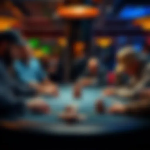 A group of players at a $1/$2 cash game poker table, discussing strategies and looking at their cards.