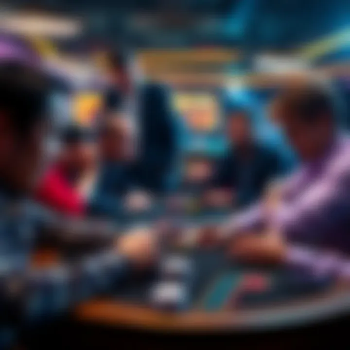 A poker table with players looking frustrated at a slow player checking their phone