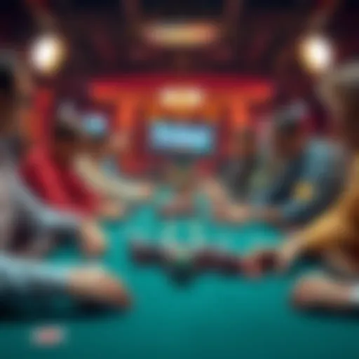 A group of players at a poker table focusing on their cards and chips in a live setting