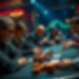 Poker table with players A group of players at a poker table, focused on their cards with stacks of chips in front of them, showing tension and excitement.