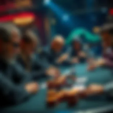 Poker table with players A group of players at a poker table, focused on their cards with stacks of chips in front of them, showing tension and excitement.