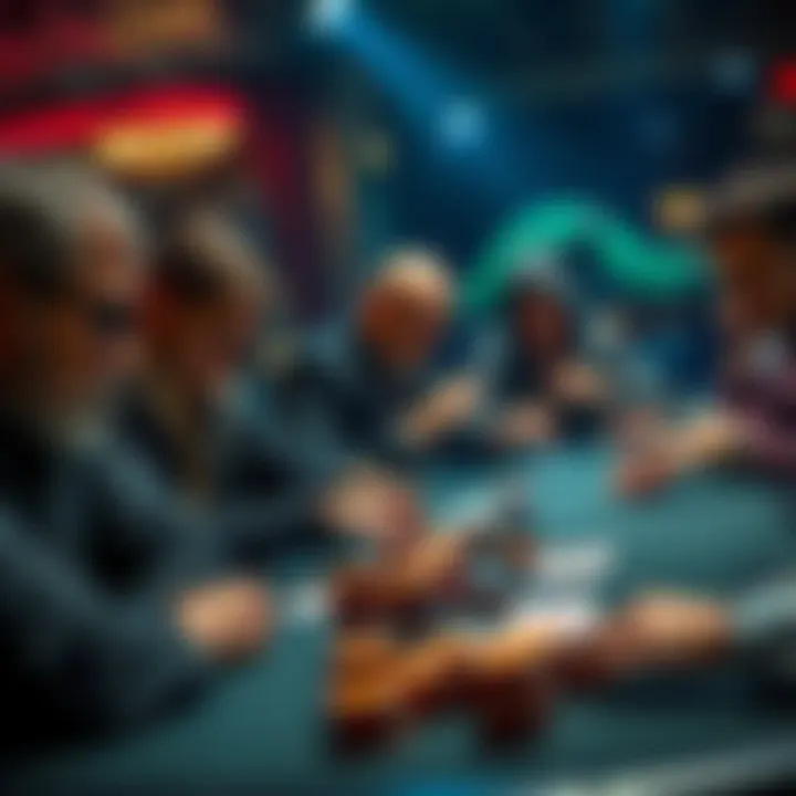 Poker table with players A group of players at a poker table, focused on their cards with stacks of chips in front of them, showing tension and excitement.