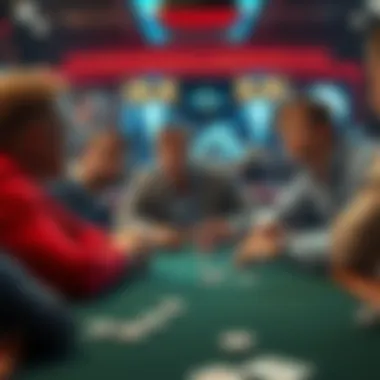 Poker players at a table A poker table with players, one looking surprised as he realizes two opponents are family members