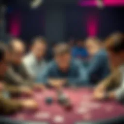 Poker table with players A group of players at a poker table, some looking frustrated as one player aggressively raises bets before the flop.