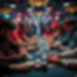Poker table with players A crowded poker table with players focused on their cards during a game session