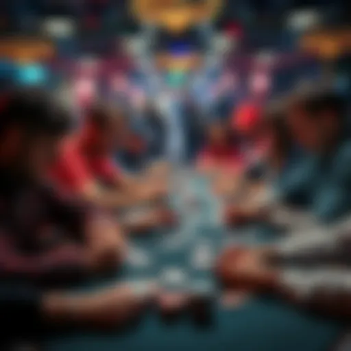 Poker table with players A crowded poker table with players focused on their cards during a game session