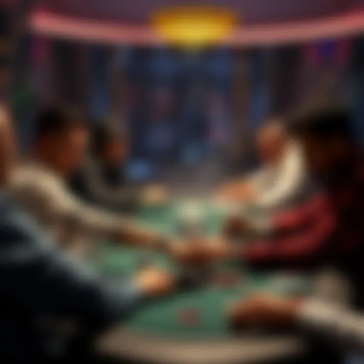 A group of players at a poker table, some folding their hands while others consider their bets, showing different strategies in gameplay.