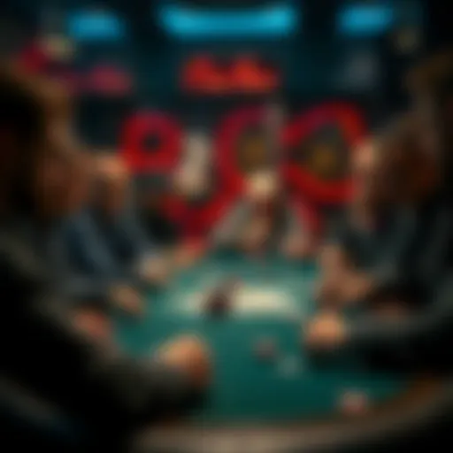 A group of players at a poker table, focused on their cards and chips, showcasing an intense game atmosphere.