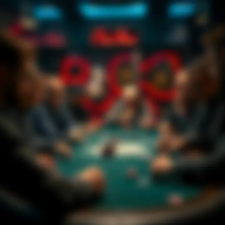 Poker table with players A group of players at a poker table, focused on their cards and chips, showcasing an intense game atmosphere.