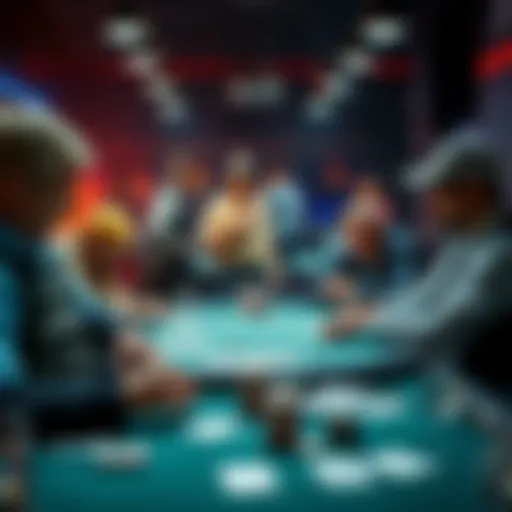 A group of players at a poker table, analyzing their cards and thinking about their next moves in a tense game.