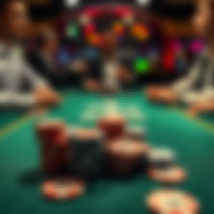 A poker table showing players engaged in a game with chips and cards visible, highlighting strategies and risk in poker tournaments.