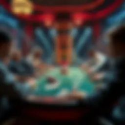 A poker table surrounded by focused players engaged in a high-stakes game, showcasing cards and chips.