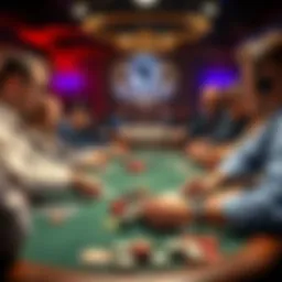 Poker table with players in action A group of players at a low-stakes poker table, focused on their cards and chips, showcasing strategies in play