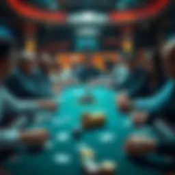 A poker table filled with players holding cards and chips, showing intense focus and competition.