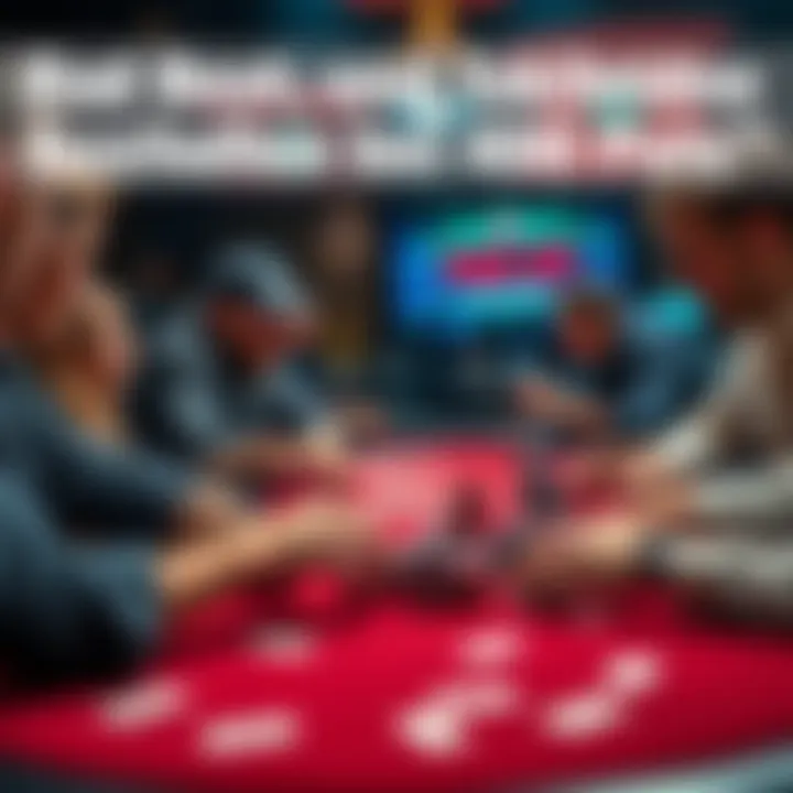 A poker table showing players reacting to a surprising hand outcome with chips and cards in focus