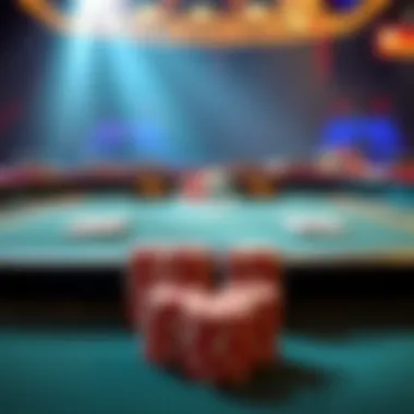 Poker table with cards and chips A poker table set up with playing cards and colorful chips ready for a tournament