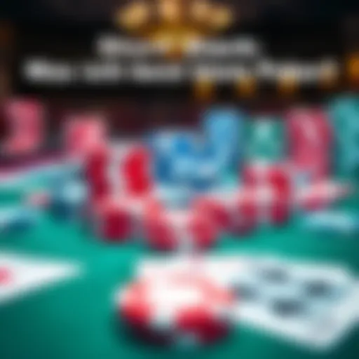 A close-up of poker chips and playing cards spread out on a casino table, highlighting a competitive poker scene.
