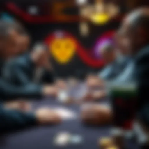 A group of players at a poker table focused on their cards and chips, showcasing different strategies and attitudes while playing.