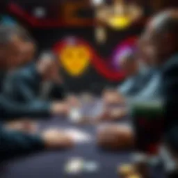 Poker Table Strategies A group of players at a poker table focused on their cards and chips, showcasing different strategies and attitudes while playing.