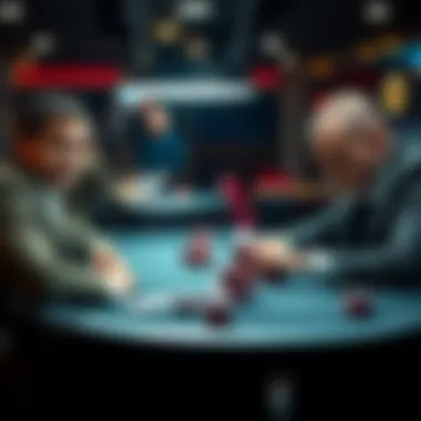 Poker Table Strategy Two players at a poker table, one looking confident while the other studies their cards, showcasing a tense game of skill.