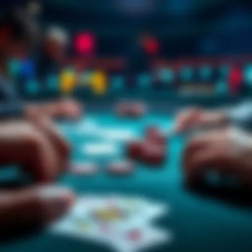 A poker table showing chips and playing cards with players engaged in a game strategy.