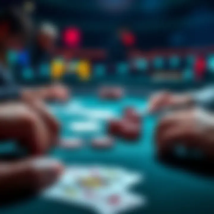 A poker table showing chips and playing cards with players engaged in a game strategy.