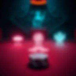 A poker table featuring three glowing options representing supernatural abilities: a watchful eye, a rewind symbol, and a river god figure. A poker chip rests on the table.