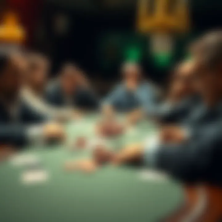 A poker table scene showing players reacting with surprise, one player looks embarrassed. Chips and cards are scattered on the table.