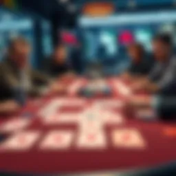 Poker table with suspicious cards A close-up of a poker table showing unusual card patterns and players looking concerned