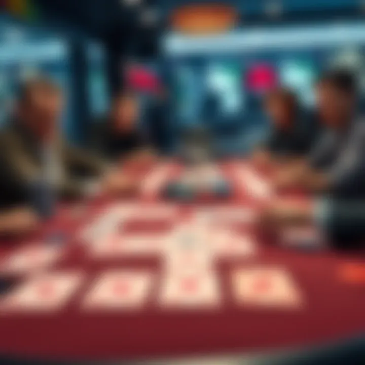 Poker table with suspicious cards A close-up of a poker table showing unusual card patterns and players looking concerned