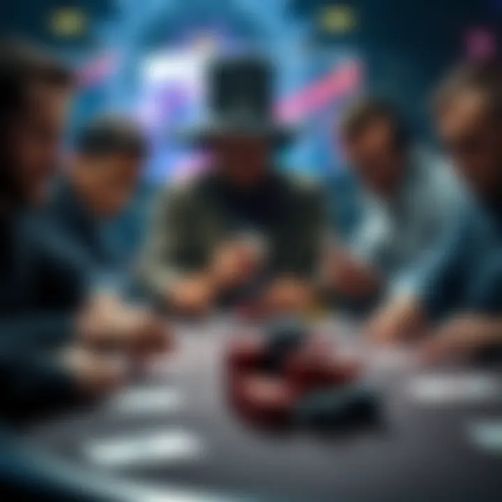 A poker table showing players looking concerned and studying their cards, hinting at manipulation and theft issues