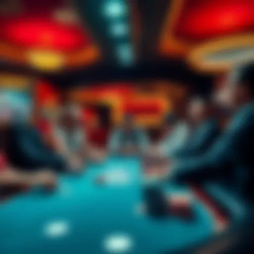 A group of players at a poker table in a Las Vegas casino, focused on the game with chips and cards in front of them.