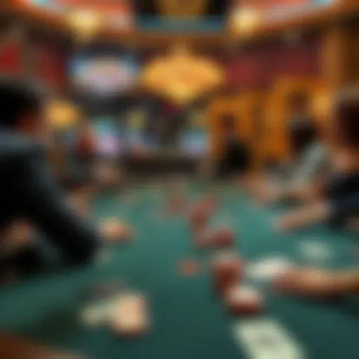 A lively poker table with players engaged in a 1/2 or 1/3 cash game at a Las Vegas casino, with chips and cards visible