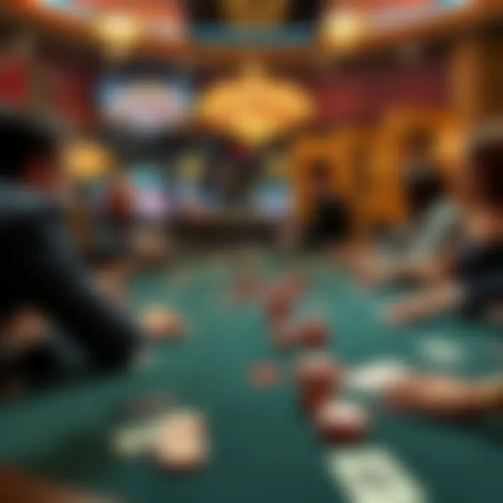 A lively poker table with players engaged in a 1/2 or 1/3 cash game at a Las Vegas casino, with chips and cards visible