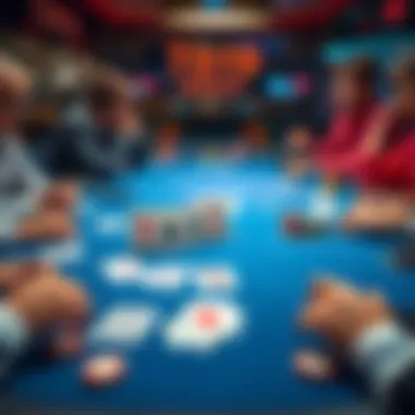 A poker table featuring a winning hand of 7 and 9 cards, surrounded by community cards and players discussing strategies.