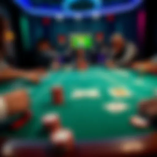 A vibrant poker table set up with playing cards, poker chips, and players engaged in a game