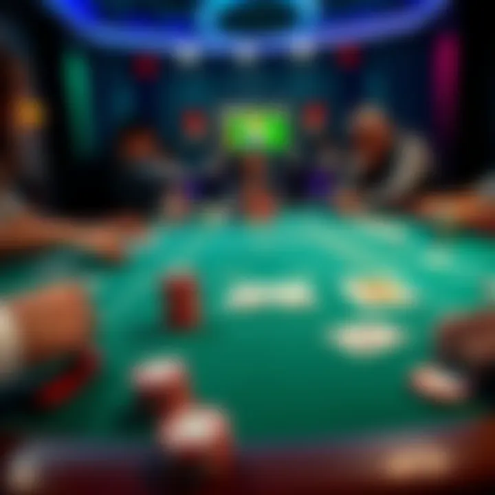 Poker Table with Cards and Chips A vibrant poker table set up with playing cards, poker chips, and players engaged in a game
