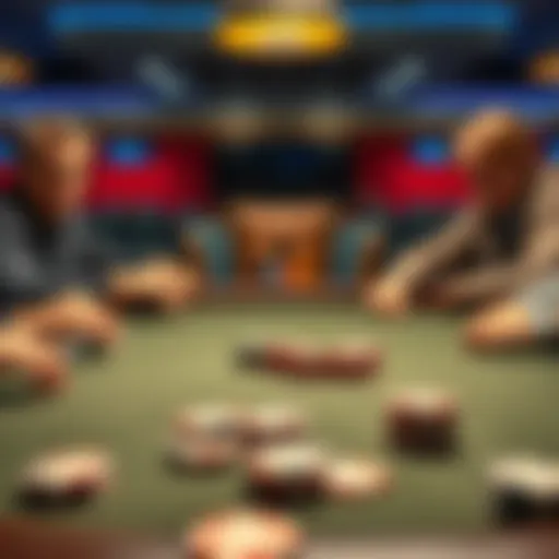 A poker table with three players and poker chips, showing a high-stakes hand.