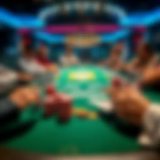 A poker table with multiple players, colorful chips, and cards spread across the table, showcasing a lively game atmosphere.