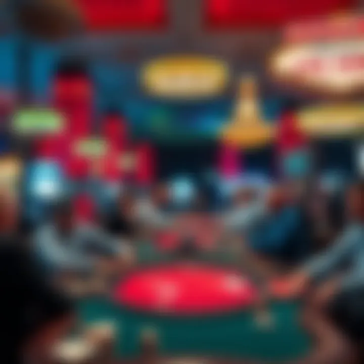 A view of poker tables in a bustling Las Vegas casino with players concentrated on their games.