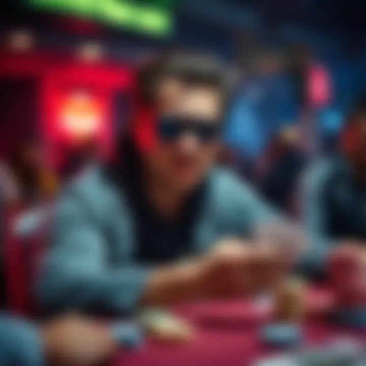 A player focused on their cards at a Survivor Poker tournament, surrounded by tournament chips and a tense atmosphere.
