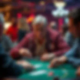 An older player unexpectedly pushes all-in during a poker tournament at a local casino, creating tension among other players at the table.