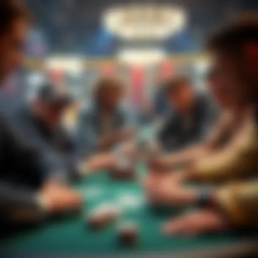 A group of players at a poker table focusing on their cards and chips, contemplating decisions during a tournament bubble situation.