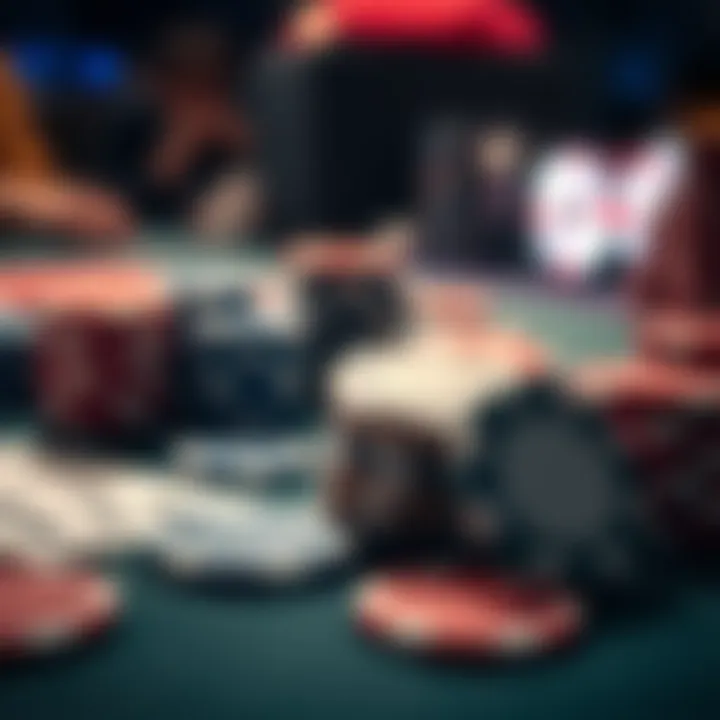 A close-up of poker chips and playing cards on a table during a tournament, showcasing the competitive environment of the game.