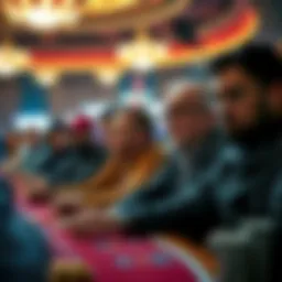 Foreign players at a poker tournament in Las Vegas, looking anxious as they discuss concerns about ICE enforcement.